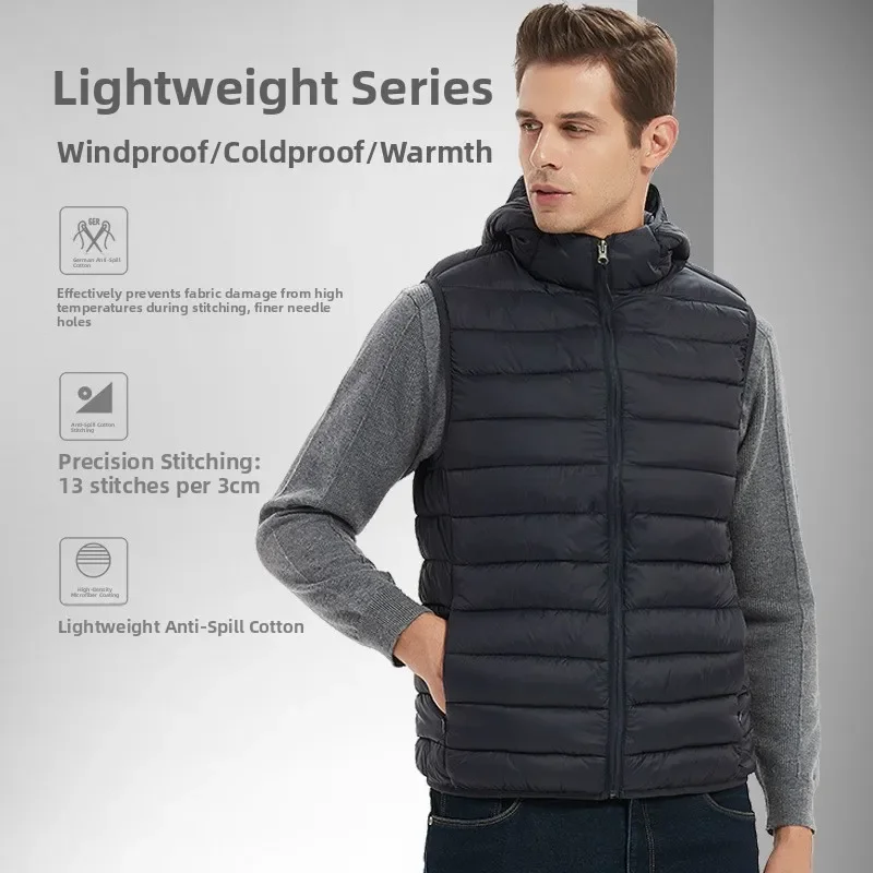 New  Spring Autumn Winter Men's Winter Warm Cotton Vest with Hood down Filling Jacket Youth Casual Loose Fit Zipper Closure