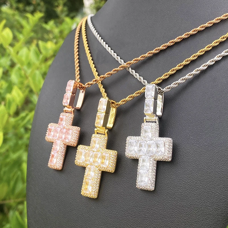 Hip Hop 5A+ Cubic Zirconia Paved Bling Ice Out Cross Pendants Necklaces for Men Rapper Jewelry Gold Silver Color