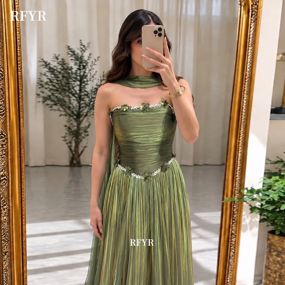 RFYR A Line Prom Dress with Crystal Stones Party Dress with Flowers Gala Dress with Scarf Chiffon Evening Dress Customized