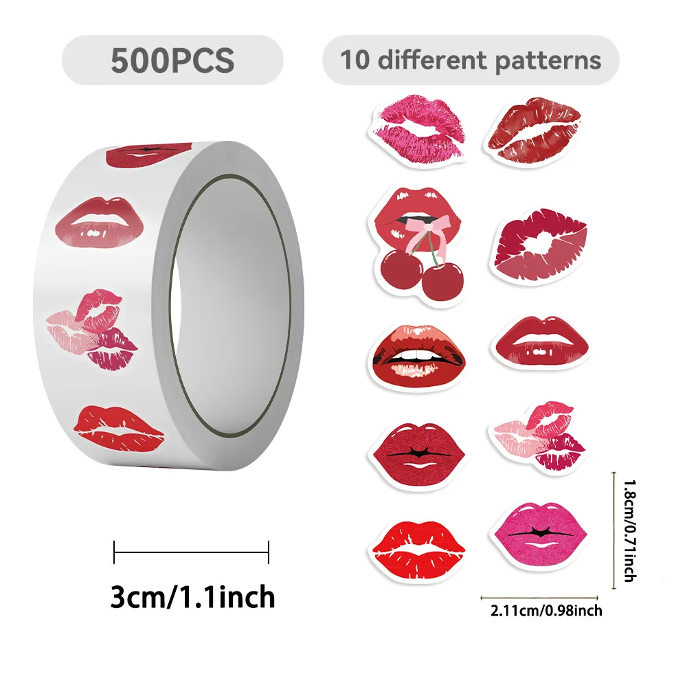 500PCS Roll Adhesive Tape Cartoon Flame Red Lip Notebook Stationery Decor Stickers