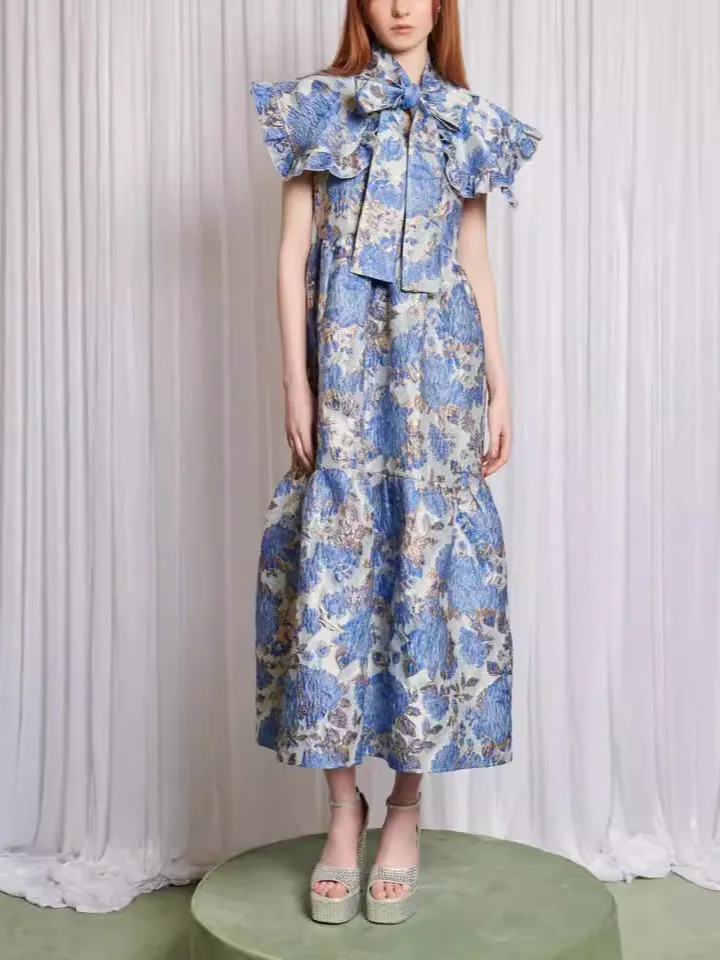 

Высококачественное вышитое платье А-силуэта с плотной вышивкой, воротником-куклой и вставками в стиле пэчворк, темно-синее, весна-лето, новинка