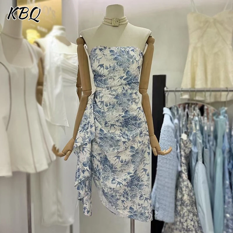 

KBQ Hit Color Printing Slimming Elegant Dress For Women Strapless Sleeeveless High Wiast Temperament Dress Female Fashion Style