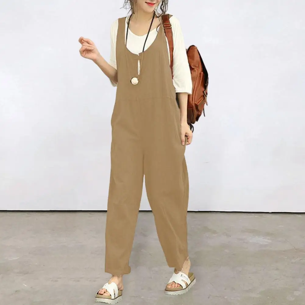 

Women Jumpsuit Long Romper Overall Daily Wear Summer Sleeveless Scoop Neck Solid Color Loose S to 2XL Ladies Casual Pants