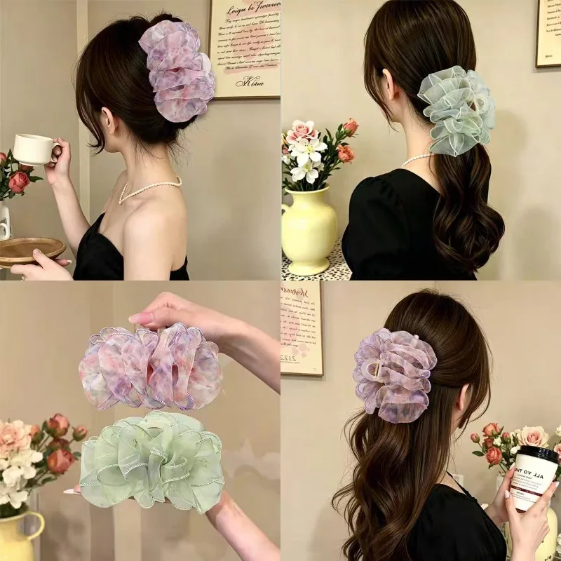 Korean Style Printed Mesh Cloud & Floral Claw Clip - Girly Floral Back of Head Updo Hair Claw Hairpin Hair Accessory FENGCHE