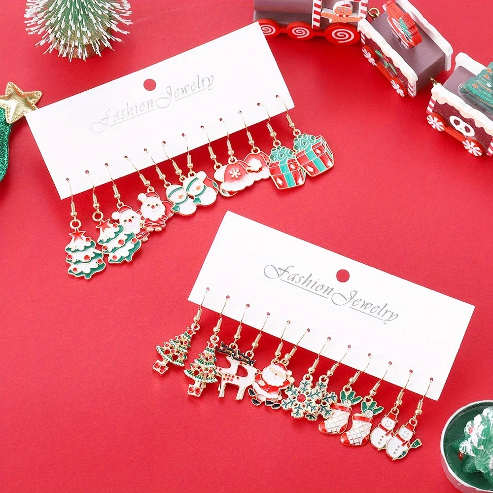6 أزواج من الأقراط المتدلية لعيد الميلاد الكرتونية مجموعة سانتا كلوز شجرة عيد الميلاد ثلج الرنة أحذية الثلوج قلادة الملحقات