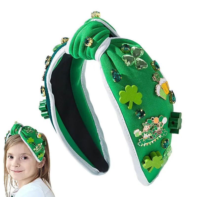 St Patricks Day Knotted Headband Decorative Green Shamrock Headband Embellished Rhinestone Wide Top Headbands Women Accessories