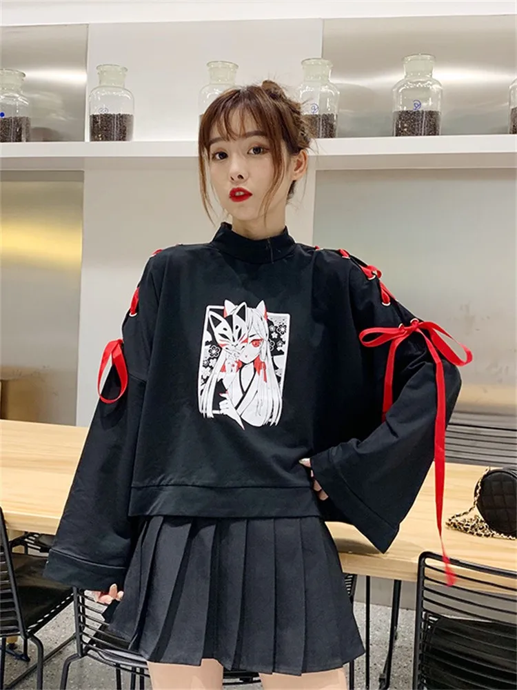 Black Short Sweatshirt Half High Collar Vintage Demon Fox Print Sweet Women Pullover Female Thin Crop Top Summer Spring Autumn