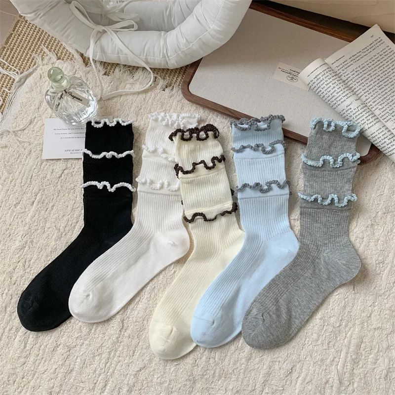 Stockings With Garter Triple Layer Ruffled Crew Socks For Women Girls Combed Cotton Aesthetic Frilly Fishnet Pants For Women