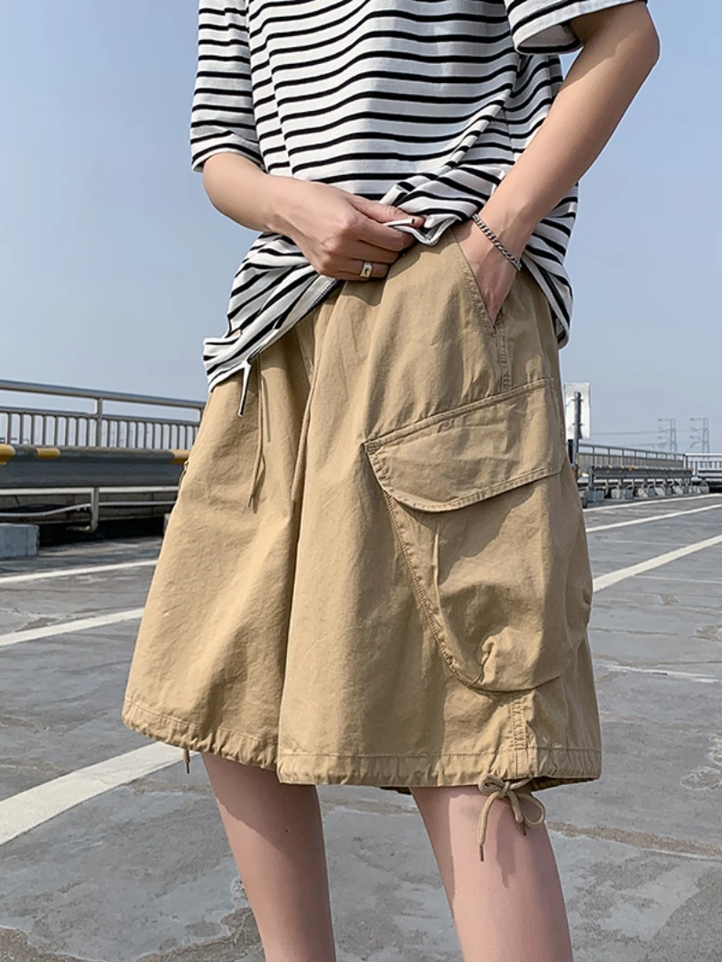 Japanese Street Sle BF Loose Casual orts Men Summer Workwear Five-Quarter Pure Cotton Wide Leg mid Waist Pants