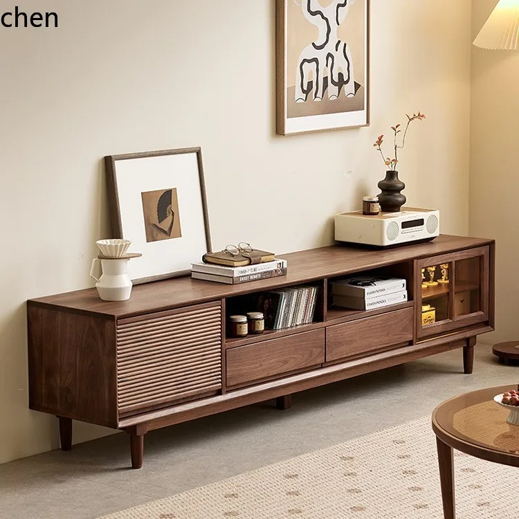 

HXL Black Walnut TV Cabinet Solid Wood TV Audiovisual Cabinet