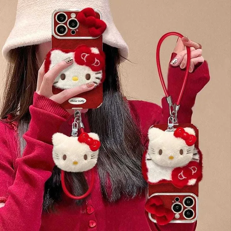 Hello Kitty New Plush Bowknot Phone Case Suitable for IPhone 16 15 14 13 12 Pro Max Cute Doll Hand Rope Wrapped Anti Fall Shell