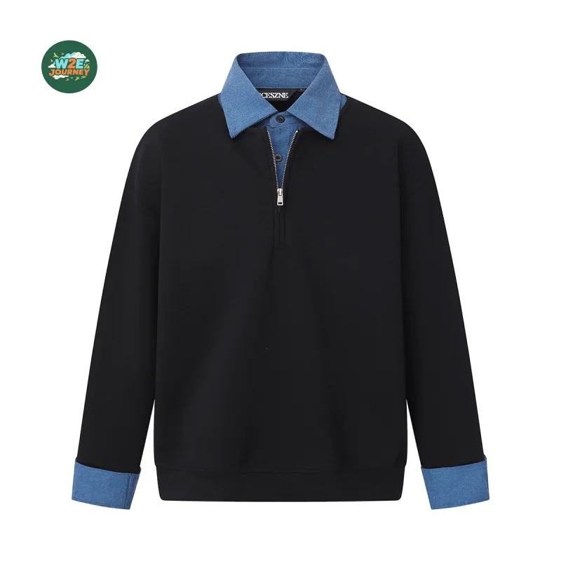 W2EJOURNEY EU US Size Luxury Quality Long Sleeve Polo Shirt Patchwork Fake Two-Piece Men'S Trendy Turn-Down Collar Sweatshirt