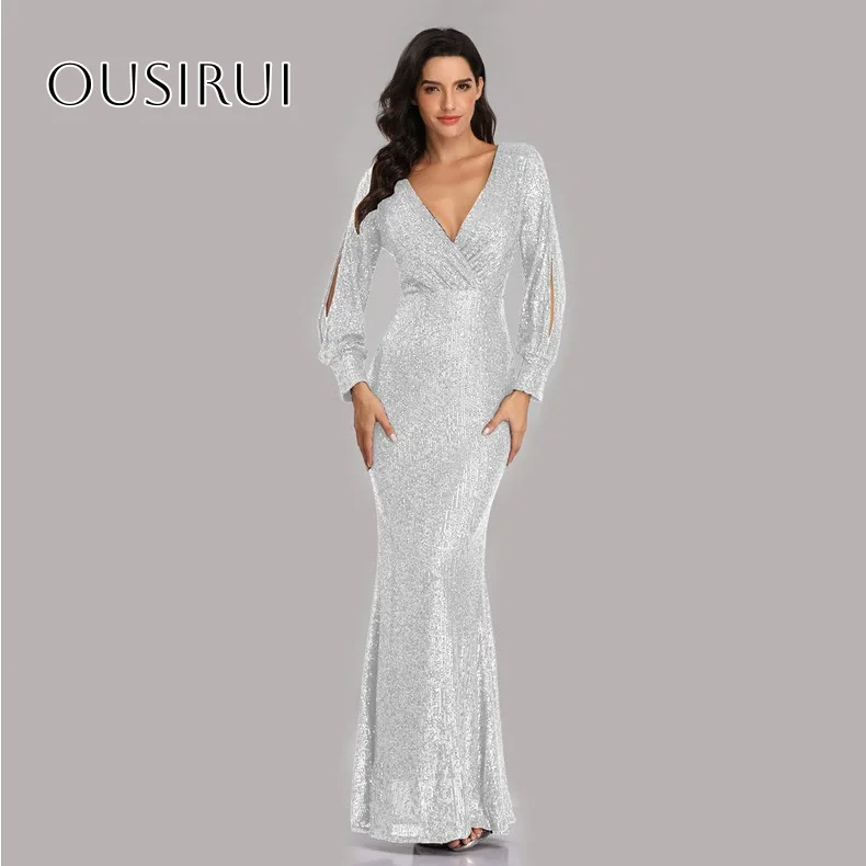 Lovertjes V-hals Split Lange Mouwen Zeemeermin Galajurk Vloerlengte Rits Aangepaste Avondjurken vestidos de novia