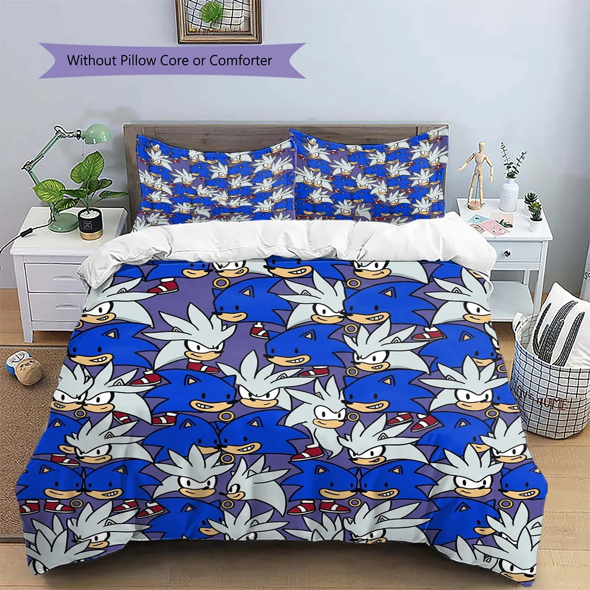 Hedgehog Sonic Patterned Pillowcase & Duvet Cover Set Premium Anime Themed Bedding Bedroom Decor Ideal Fan Gift.-TING