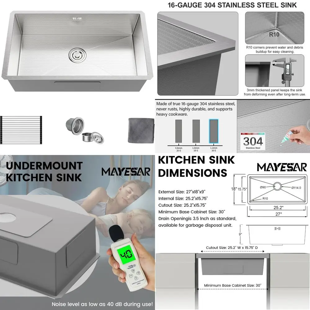 

Stainless Steel 27 x 18 Single Bowl Kitchen Sink with 16 Gauge and Honeycomb Embossed Surface for Durability and Easy Cleaning