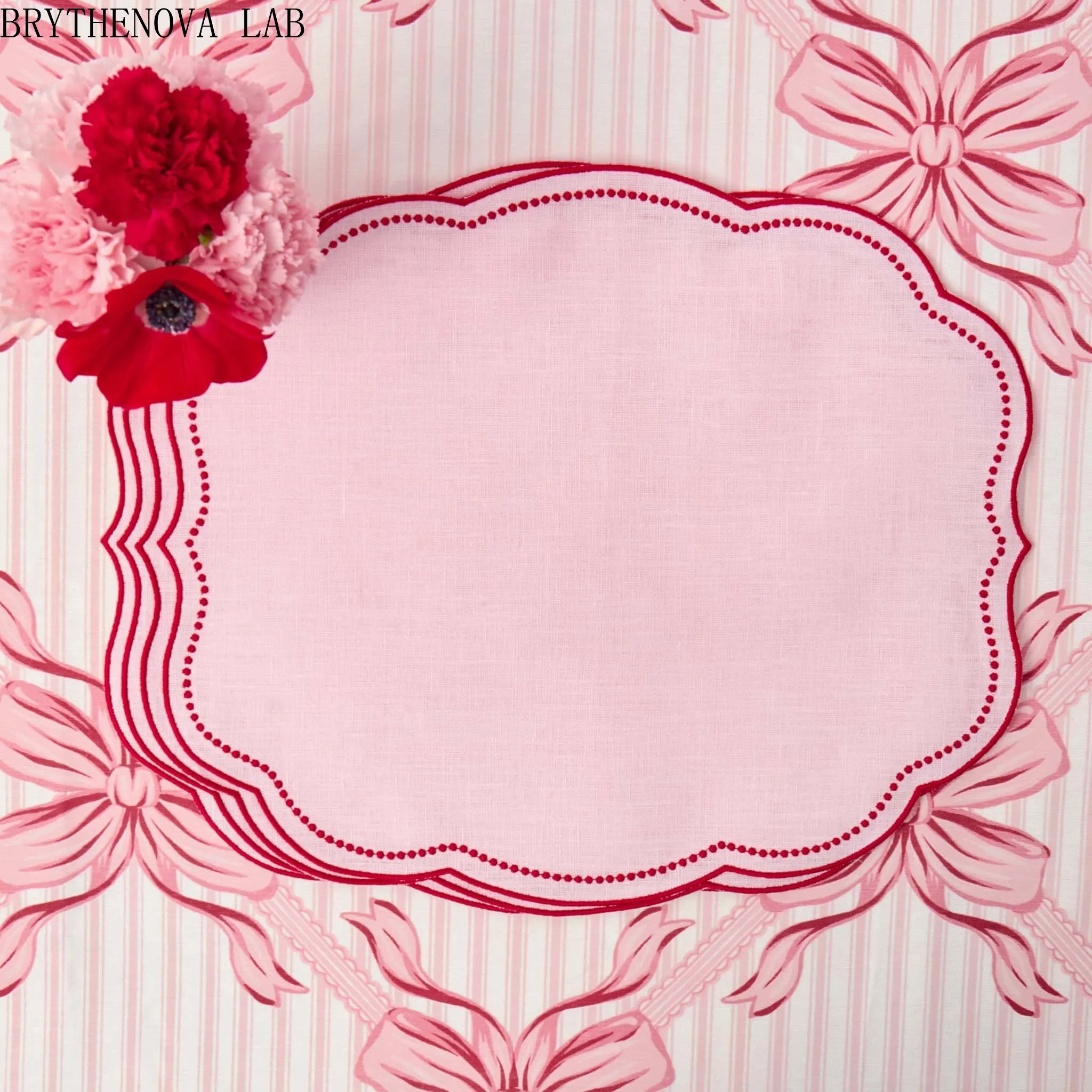 Cotton Linen Placemats Set of 4 - Double Layered, Luxury Embroidered Scalloped Cloth Table Mats - Holidays, Christmas, Washable