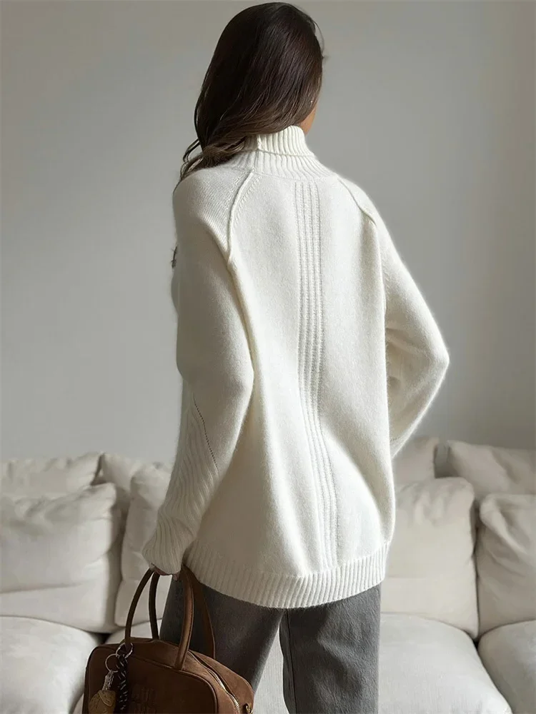 Casual Loose Ribbed Patchwork Autumn Women Knitwear Pullover Turtleneck Top Fashion White Ladies Knit Pullover