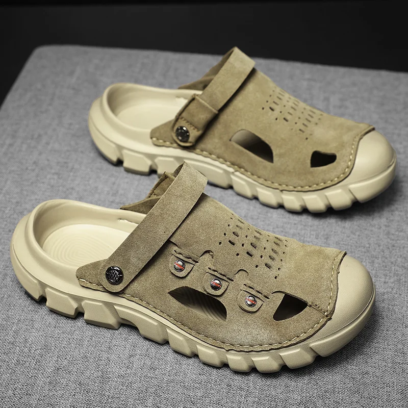 

Men's summer sandals leather casual shoes outdoor leather sandals beach shoes, lightweight non-slip hiking beach walking shoes