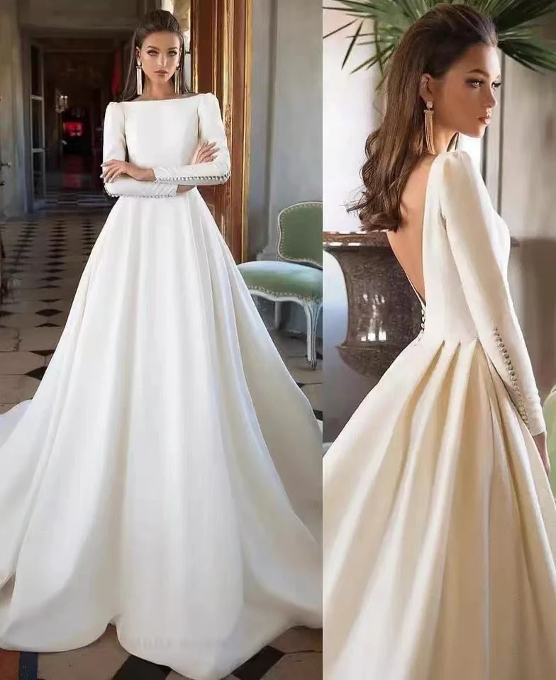 Iridescent O-Neck A-Line Wedding Dresses For Women Tulle Satin Long Sleeve Bride Grown Vestido Novias Backless Court Train