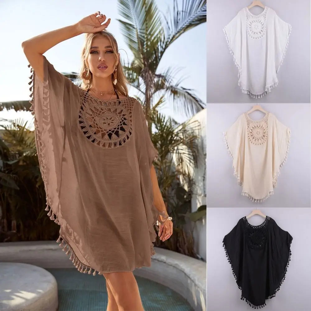 Fashion Knitted Sunflower Beach Cover Up Large Size Hollow Out Bathing Suit Fringe Tunic Bikini Cover Ups Women