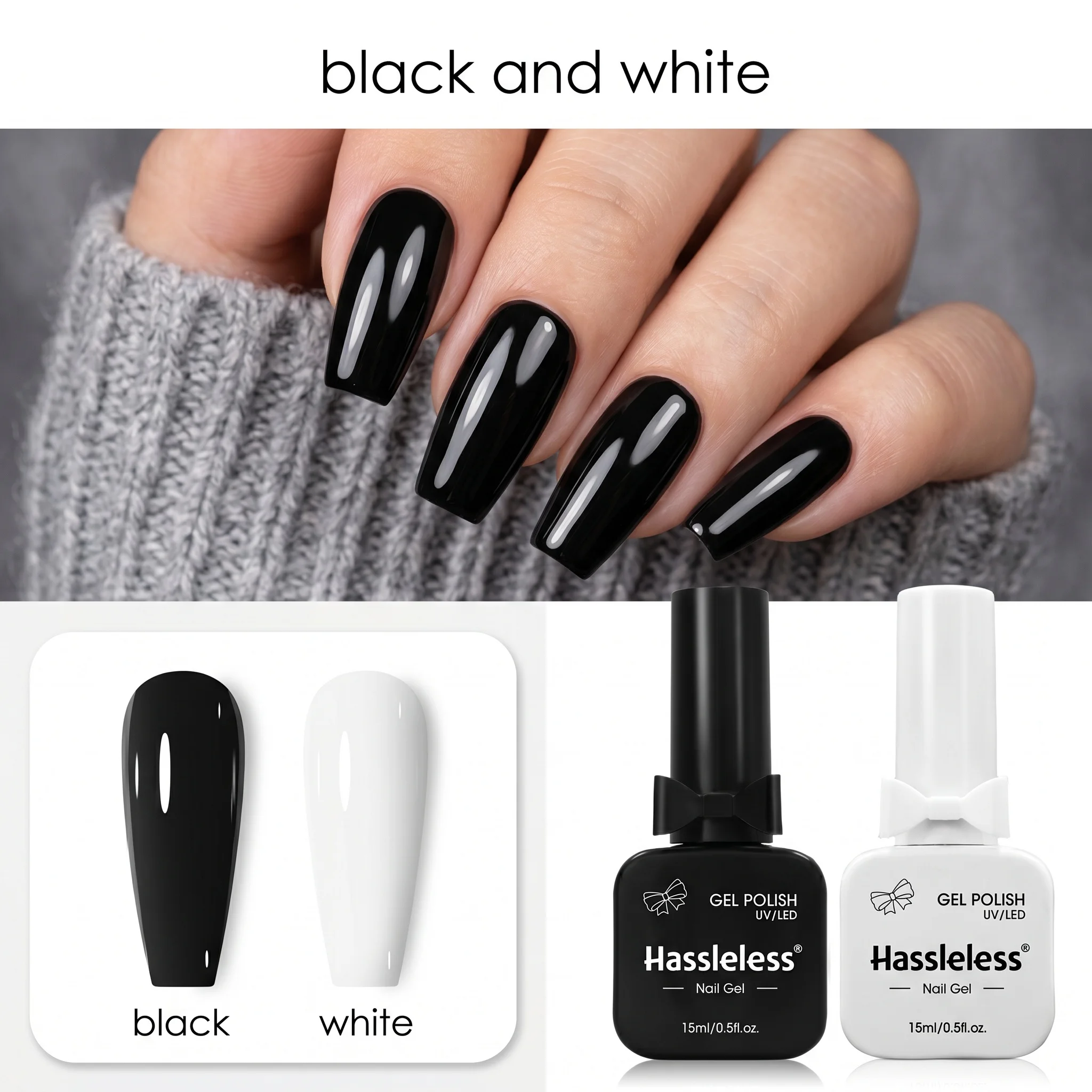 Hassleless 2-Pack Black and White Nail Polish Gel Set, with Even Color, Long-Lasting, Wear-Resistant, Non-Fading, Mirror-Like High Gloss, Salon-Quality, for DIY Nail Art at Home