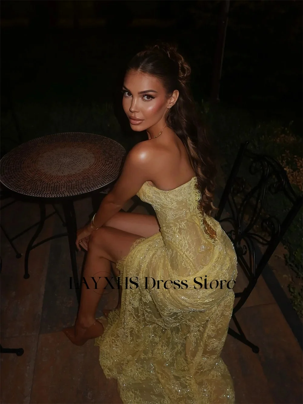 LAYXHS Sexy Vestidos de Noite de Renda Amarela Querida Sereia Fenda Lateral Vestidos de Baile de Festa Personalizados فساتmavera