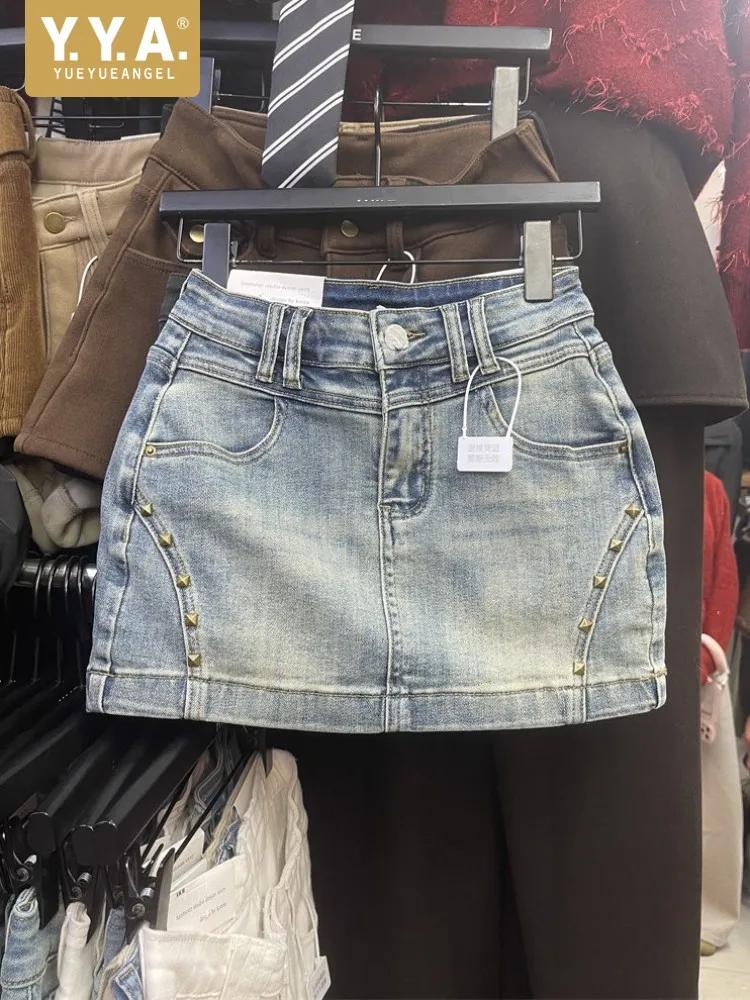 

Женские весенние модные мини-юбки выше колена с заклепками, джинсовая юбка-карандаш с высокой талией, облегающая, для стильных девушек, короткие юбки, горячая распродажа