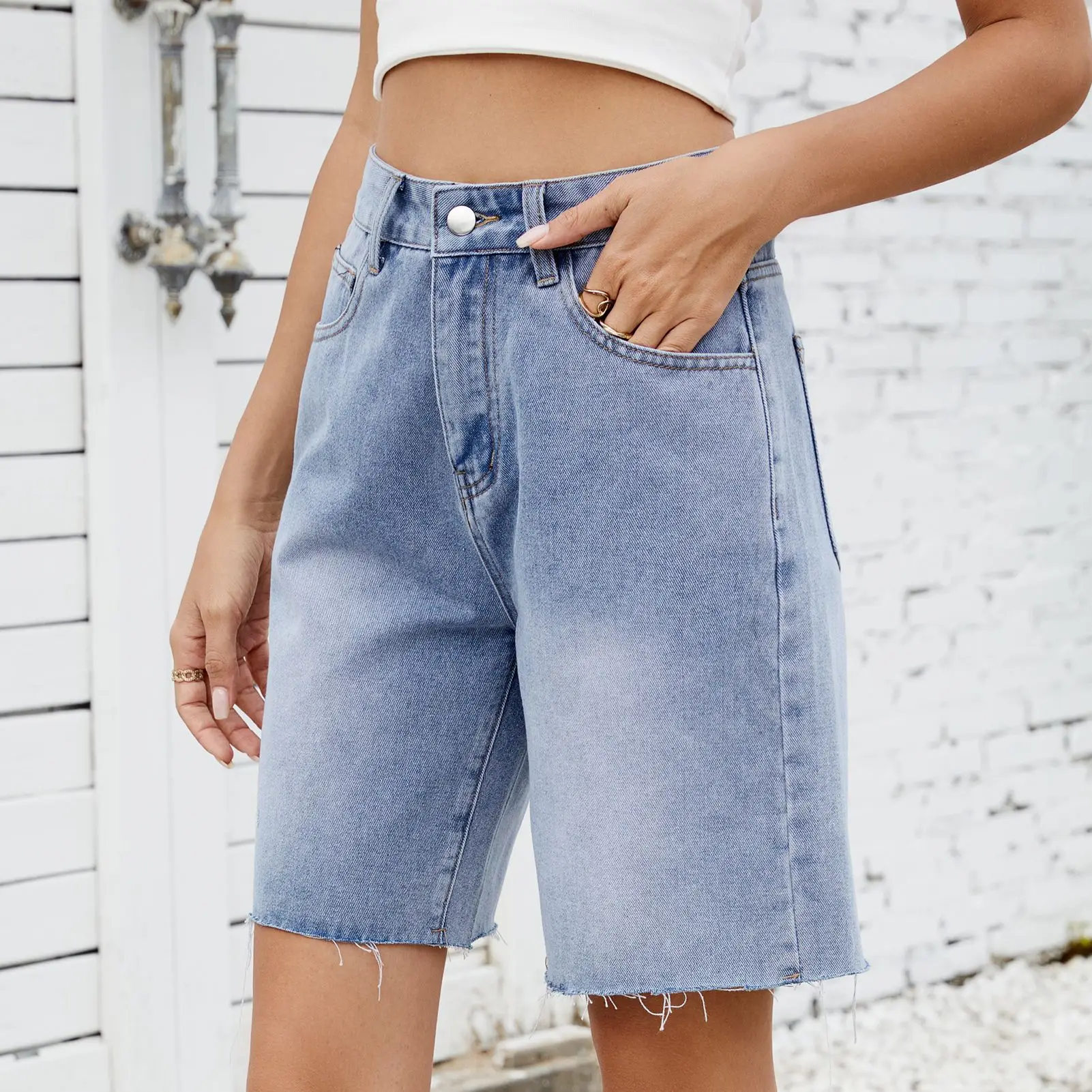 

Women's Casual High Waist Straight Leg Jeans Shorts Summer New Style Washed Denim Cut off Shorts Street Style Cotton Blend