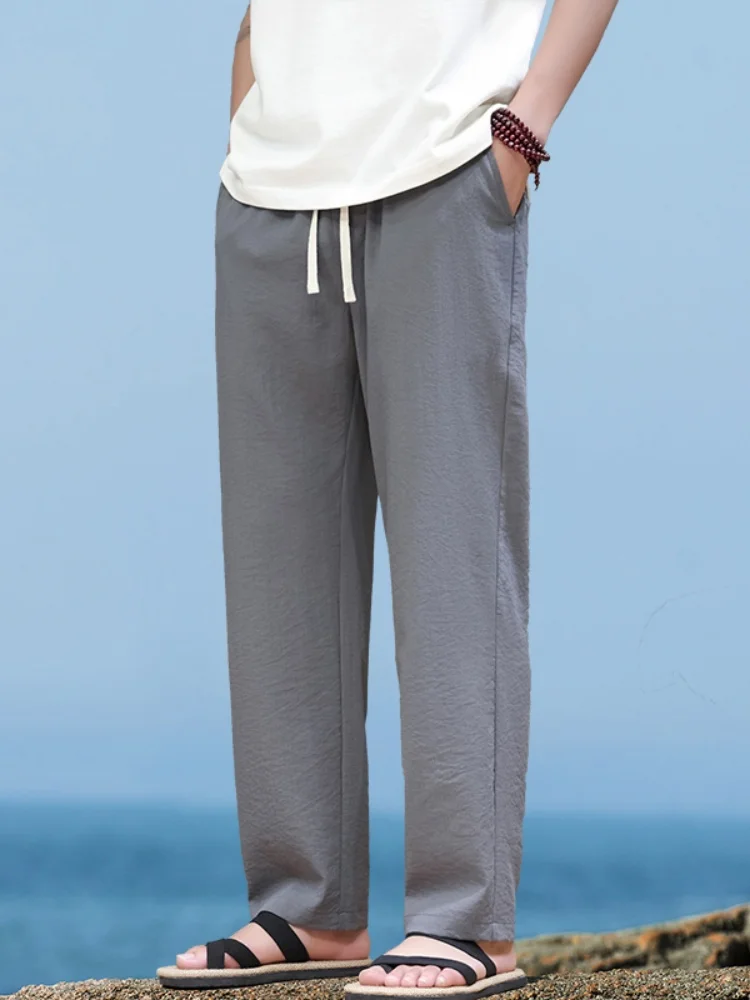 

ey Ice Silk Pants Men's Summer New Qui Dry Nine Points Suit Pants Cool Breathable Anti-Wrinkle Linen Trendy