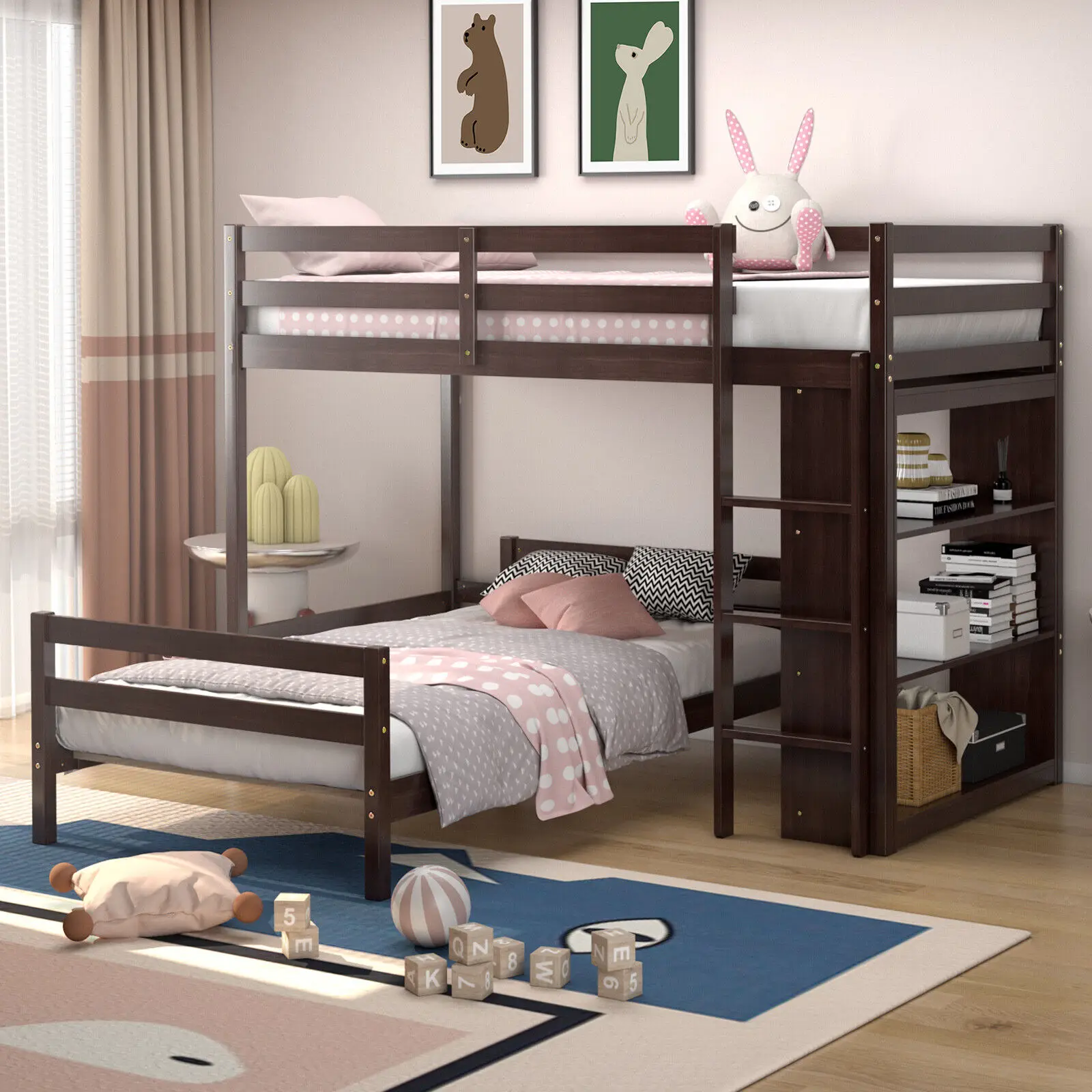 Twin Over Twin Loft Bunk Bed Wood w/Bookcase Guardrail Ladder Kids Bedroom