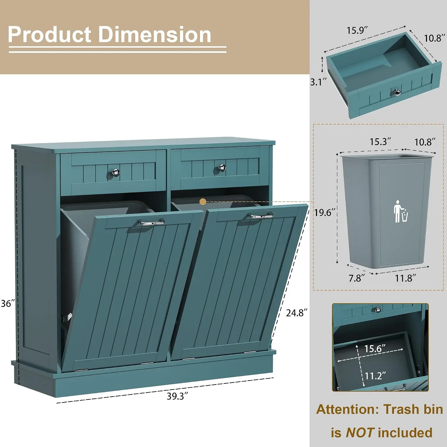 Tilt Out Trash Cabinet with Hidden Double Bin Holder, Kitchen Free Standing Recycling Storage, Pet Proof, Wood, Teal, Customized