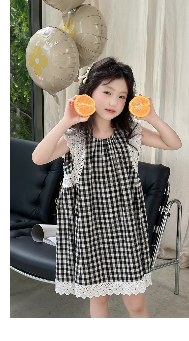 Humor Bear Summer Girl's Dress Plaid Print Lace Fly Sleeve Lace Sweet And Lovely Princess Dress Comfort Children Clothing