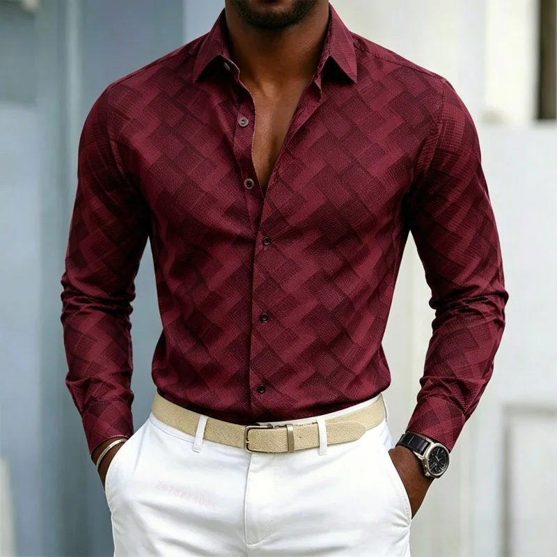 Men's shirt, European and American style gradient diamond grid printed long sleeved shirt, black and white slim fit casual shirt