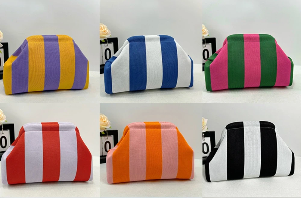 Gestrickte gestreifte Handtasche für Abendessen, Arbeit, Strand, große Kapazität, vielseitig einsetzbar, Farbkontrast, Pendler-Clip-Tasche für Damen – Detail 5