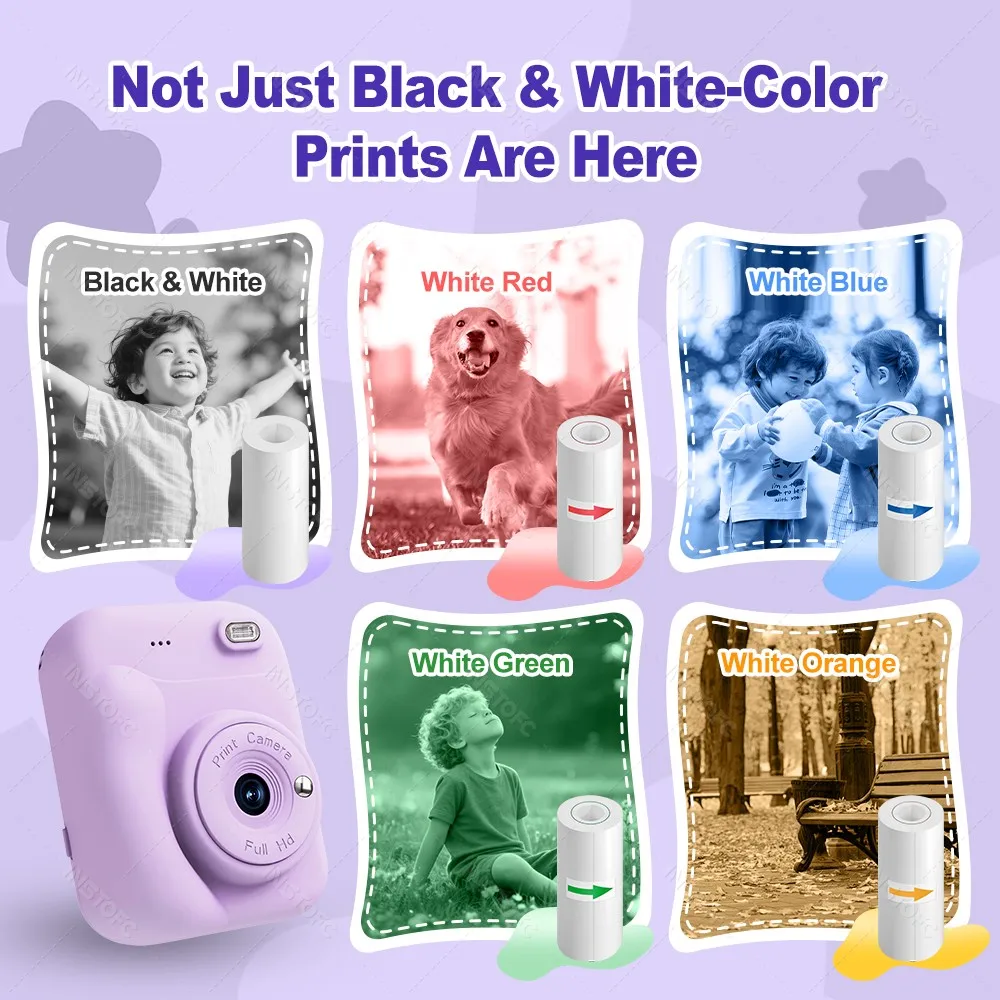 Kids Instant Camera Color Printing 2.4''IPS Thermal Printer 57x25mm Digital 1080P Photo Video Game Music For 6-12 Years Children