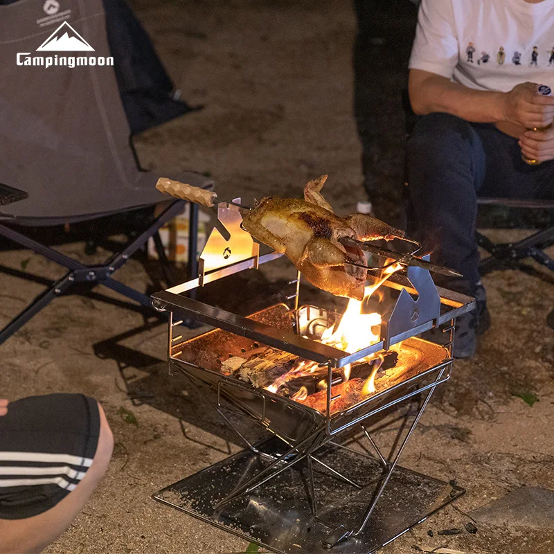 CAMPINGMOON MK-60 مجموعة شواية تحميص الدجاج الخارجية المحمولة 2 تروس قابلة للتعديل من الفولاذ المقاوم للصدأ مع مقبض خشبي