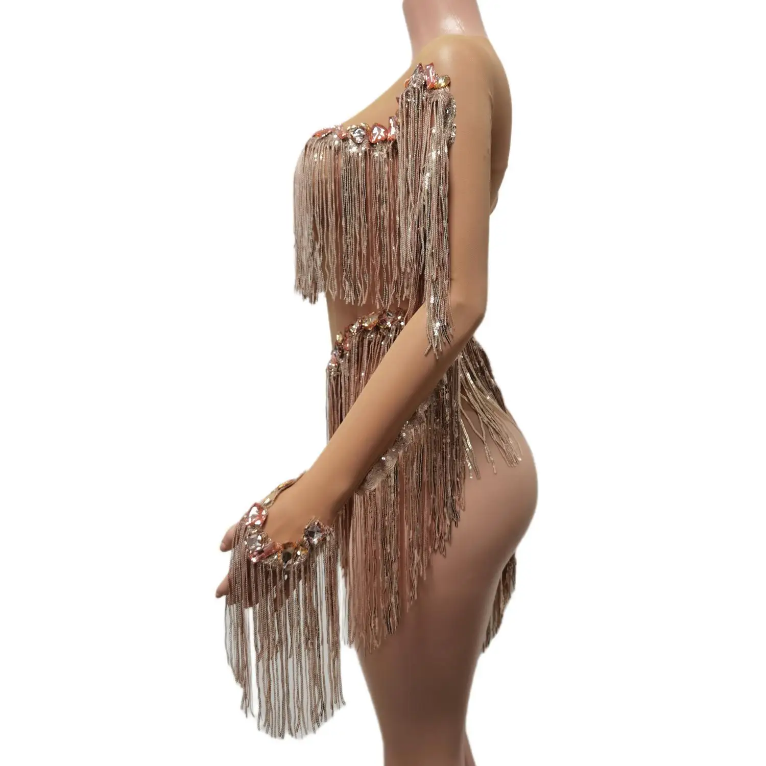 Sexy Mesh Dance Performance Costume Sparkly Rhinestones Sequins Tassel Leotard Nightclub Bodysuit Show Stage Wear Weixiao