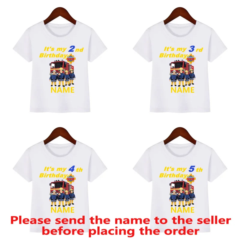 Fireman Sam Print Cartoon Happy Birthday Boys T-shirt 1 2 3 4 5 6 7 8 9 Years Children T shirt Cute Baby Girls Tops Kids Clothes