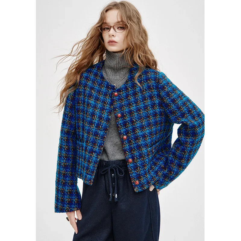 ELFSACK 2025 Winter New Arrivals Y2K Vintage Check Round Neck Short Jacket For Woman - Image 5
