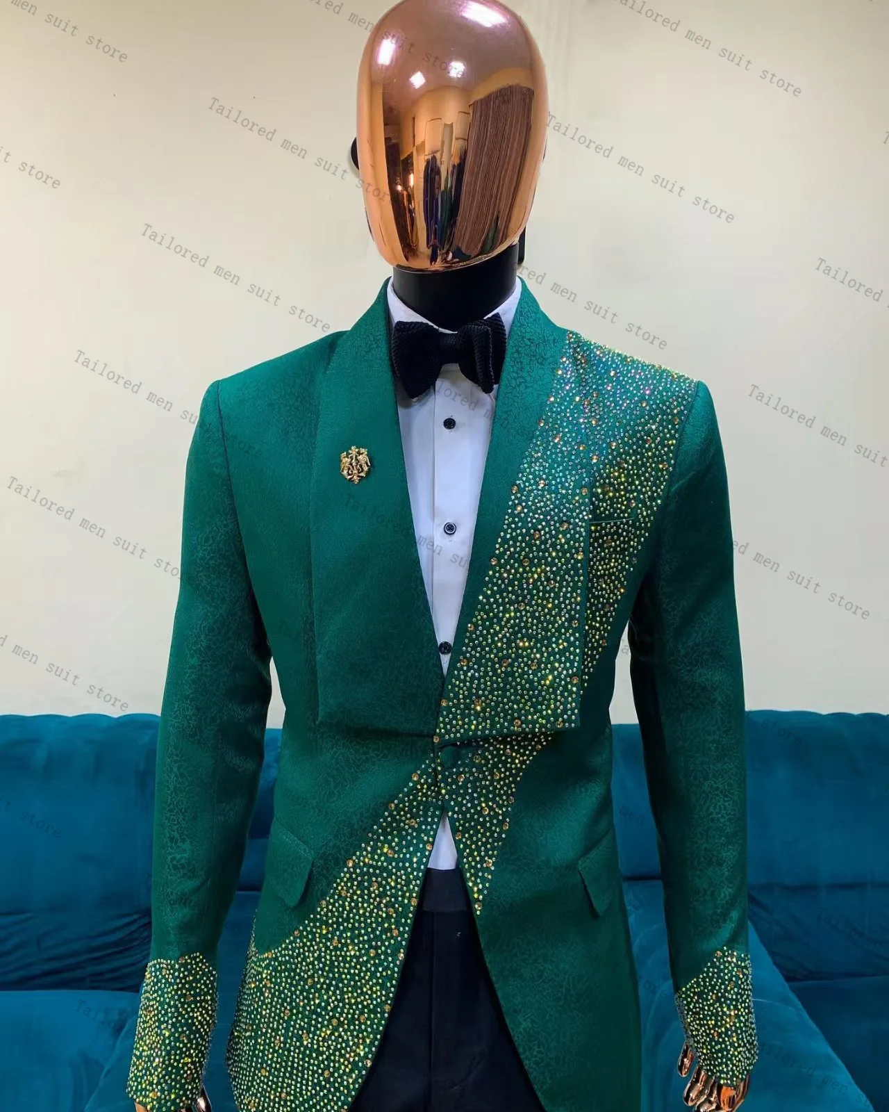 

Green Jacquard Groom Men Suits Set 2 Pcs Crystals Blazer+Pants Trousers Autumn Wedding Tuxedos Jacket Formal Office Prom Coat