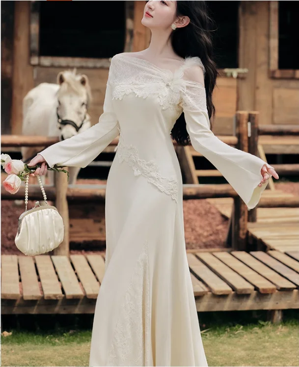 Elegante abito da principessa a coda di pesce a maniche lunghe in pizzo con scollo a barchetta sexy Moda a vita alta A-line Abiti da festa sottili versatili color albicocca