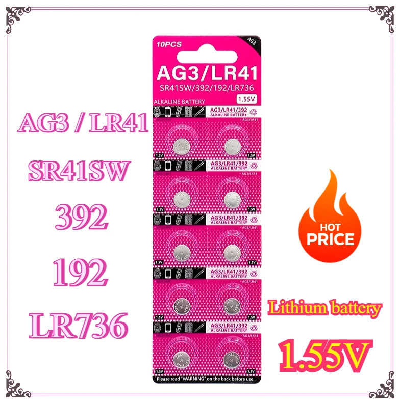 

100pcs AG3 1.55V Alkaline Button Battery AG3 192 LR41 SR41SW L736 Coin Cell Button Batteries for Watches Toys