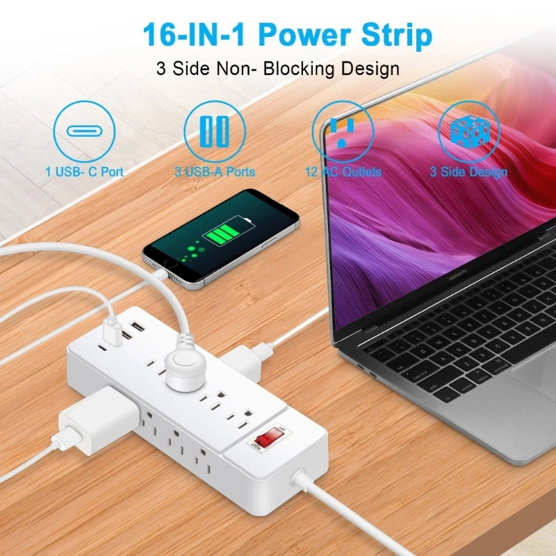 Protetores surtos energia, tiras energia montáveis ​​na parede, 9 tomadas espaço amplo, porta carregamento C,