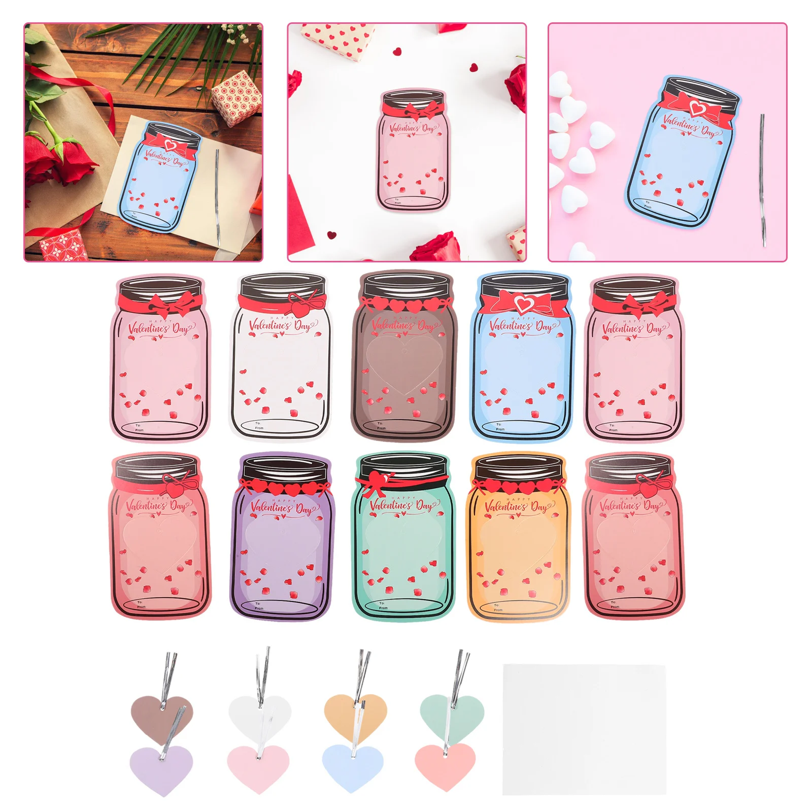 

48Sets Valentines Day Cards Jars DIY Exchange Gifts for Classroom Valentine' Day Exchange Cards Valentines Party Gift DIY