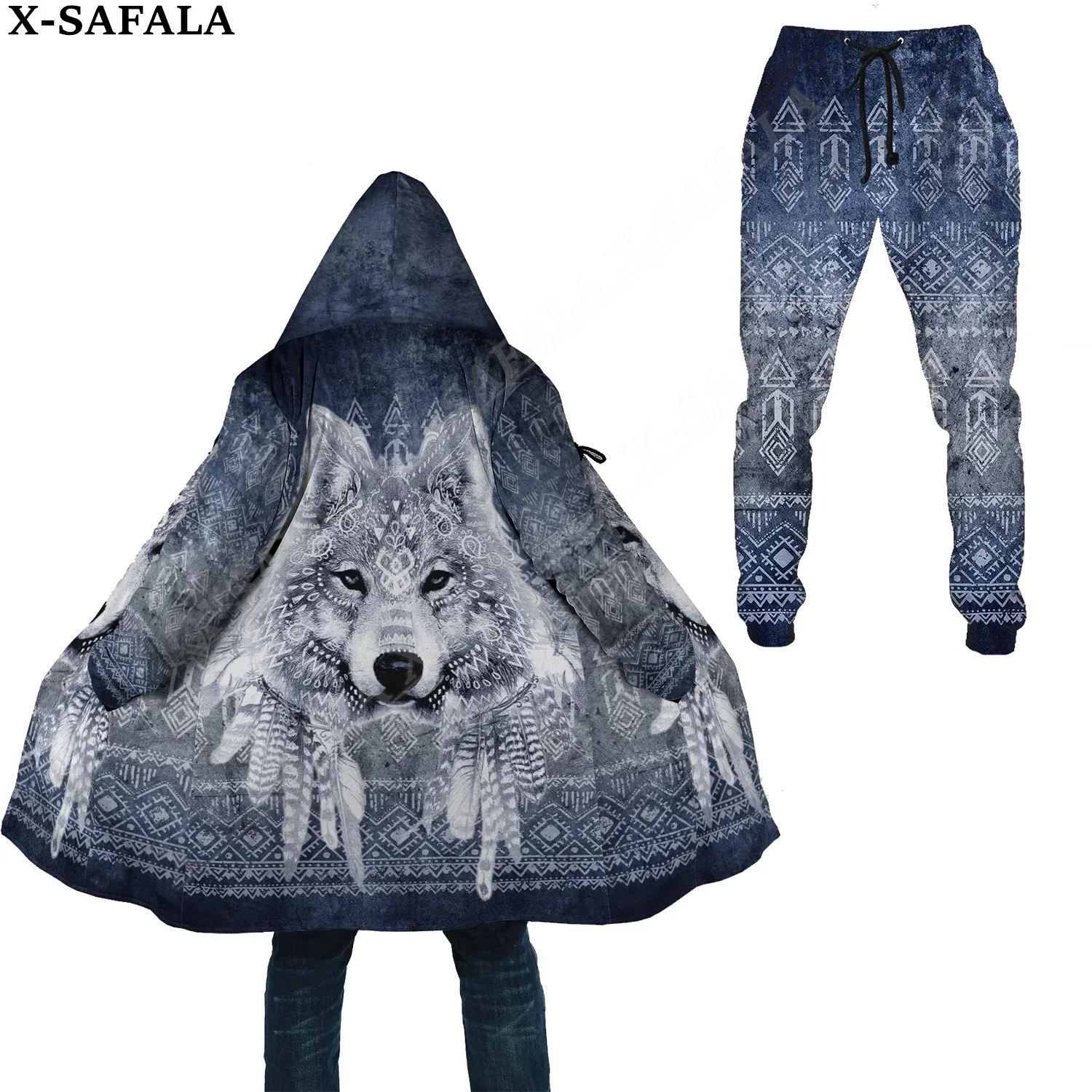 

Native Tattoo Symbol Wolf Thick Warm Hooded Cloak Sweatpants Combo Set Overcoat Coat Windproof Fleece Unisex Joggers Trousers-1