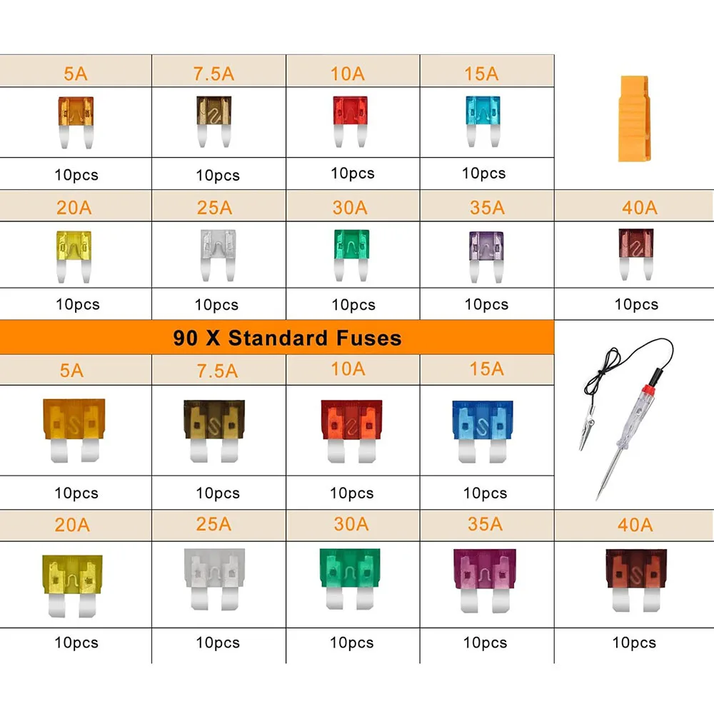 180Pcs Standard & Mini Auto Blade Fuse Assortment Box 5A-40A Car Spare Fuse Kit with Fuse Tester & Puller