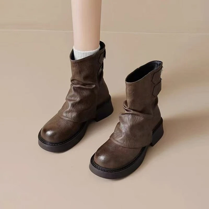 2026 New Women's Platform Ankle Boots - Buckle Detail Retro Chunky Heel Booties,Fall/Winter Fashion Low-Cut Boots