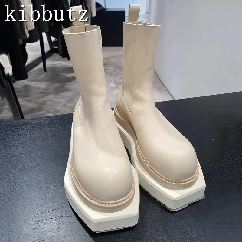 

Designer New Thick Sole Platform Chelsea Boots Unisex Slip On Ankle Leather Boots Male and Female Casual Knight Shoe