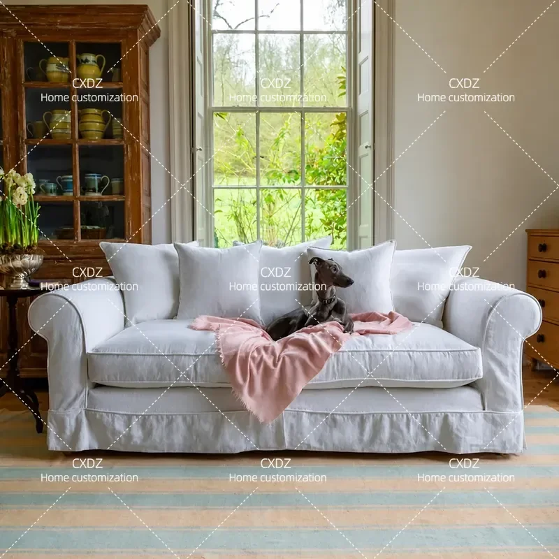 Nordic Wabi Sabi Cream Cloud White Washed Cotton Linen Sofa Straight Row Modular Sectional Couch for Living Room Studio