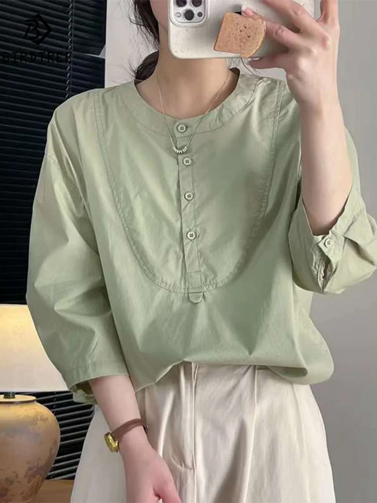 

New Spring Cotton Sweet Shirt Women Stand Collar 3/4 Sleeve Solid Tops Girl Loose Fashion Casual Blouse 2024 Summer T44863QM